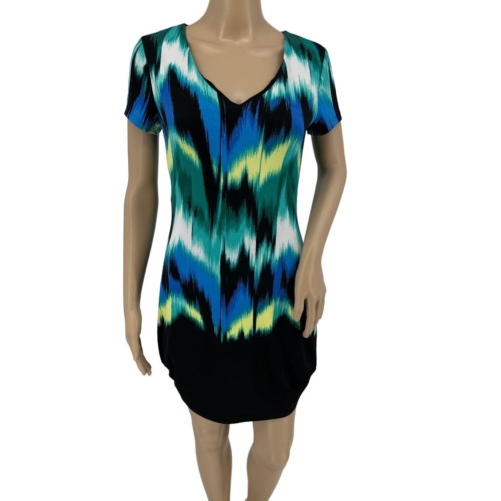 Jennifer Lopez sheath dress s short sleeve stretchy blue green geo - Picture 1 of 10